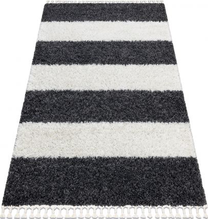 Dywany Łuszczów Dywan UNION 4079 Pasy szary / krem Frędzle berberyjski marokański shaggy, 140x190 cm