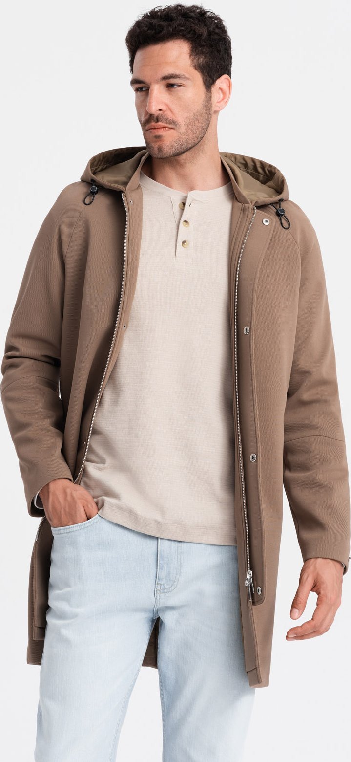 Kurtka męska Ombre Płaszcz męski z kapturem w delikatny prążek - kawowy V1 OM-COSC-0112 M