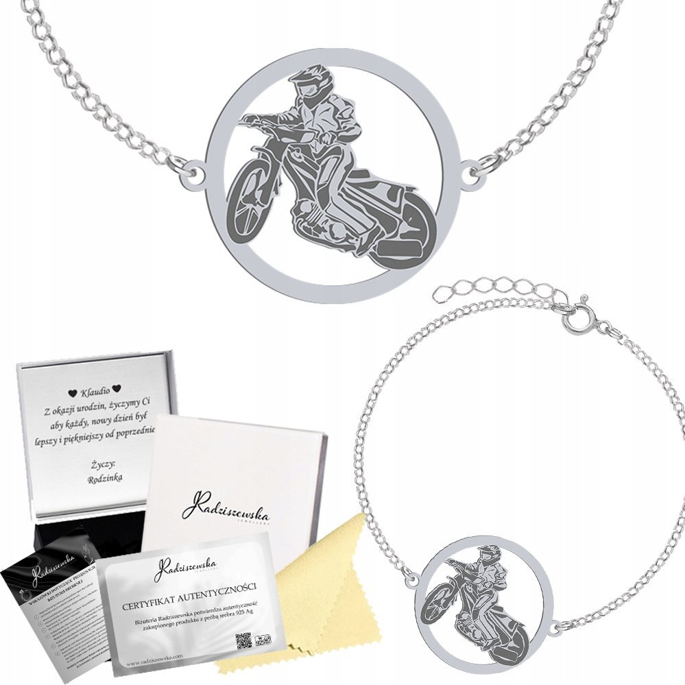 Radziszewska Jewellery Bransoletka Srebrna ze Speedway Żużel Łańcuszek Biżuteria 925 GRAWER GRATIS