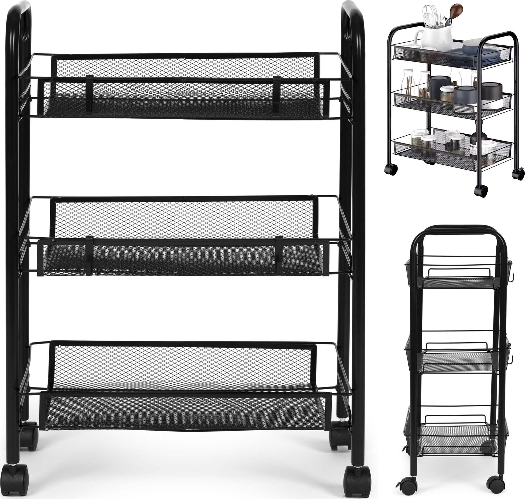 ModernHome Metalowy regał mobliny łazienkowy z 3 półkami kółka czarny ModernHome