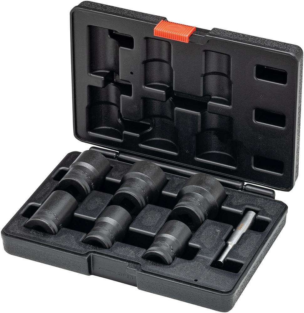 Zestaw wykrętaków do śrubz rowkiem spiralnym 1/2" z wybijakiem, 7 -częśc. 21-32mm w walizce