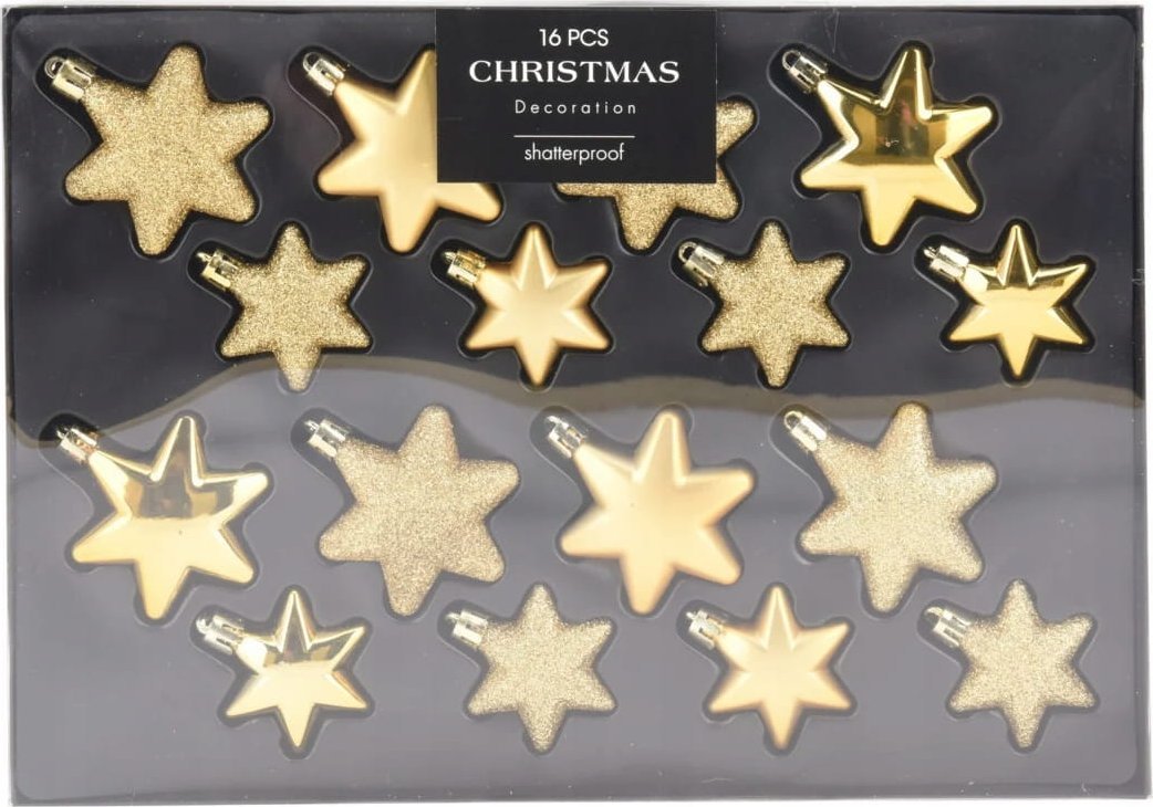Koopman Zestaw 16 bombek choinkowych 6cm Złote gwiazdki
