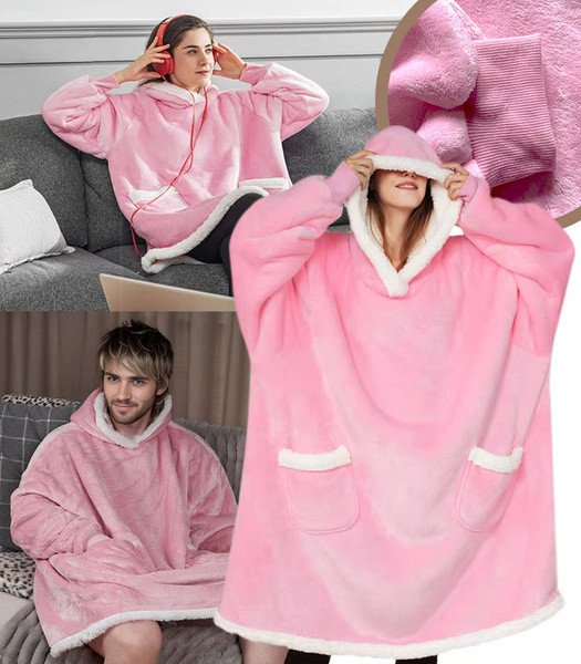 BLUZOKOC RÓŻOWY PONCZO BLUZA Z KAPTUREM KIESZEŃ POLAR W GWIAZDKI OVERSIZE 100% POLIESTER DLA MŁODZIEŻY DOROSŁYCH
