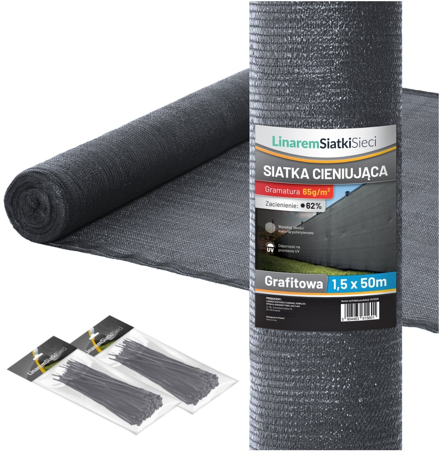 SIATKA CIENIUJĄCA 62% MASKUJĄCA 1,5x50m OSŁONA NA PŁOT OGRODZENIE GRAFITOWA +UV