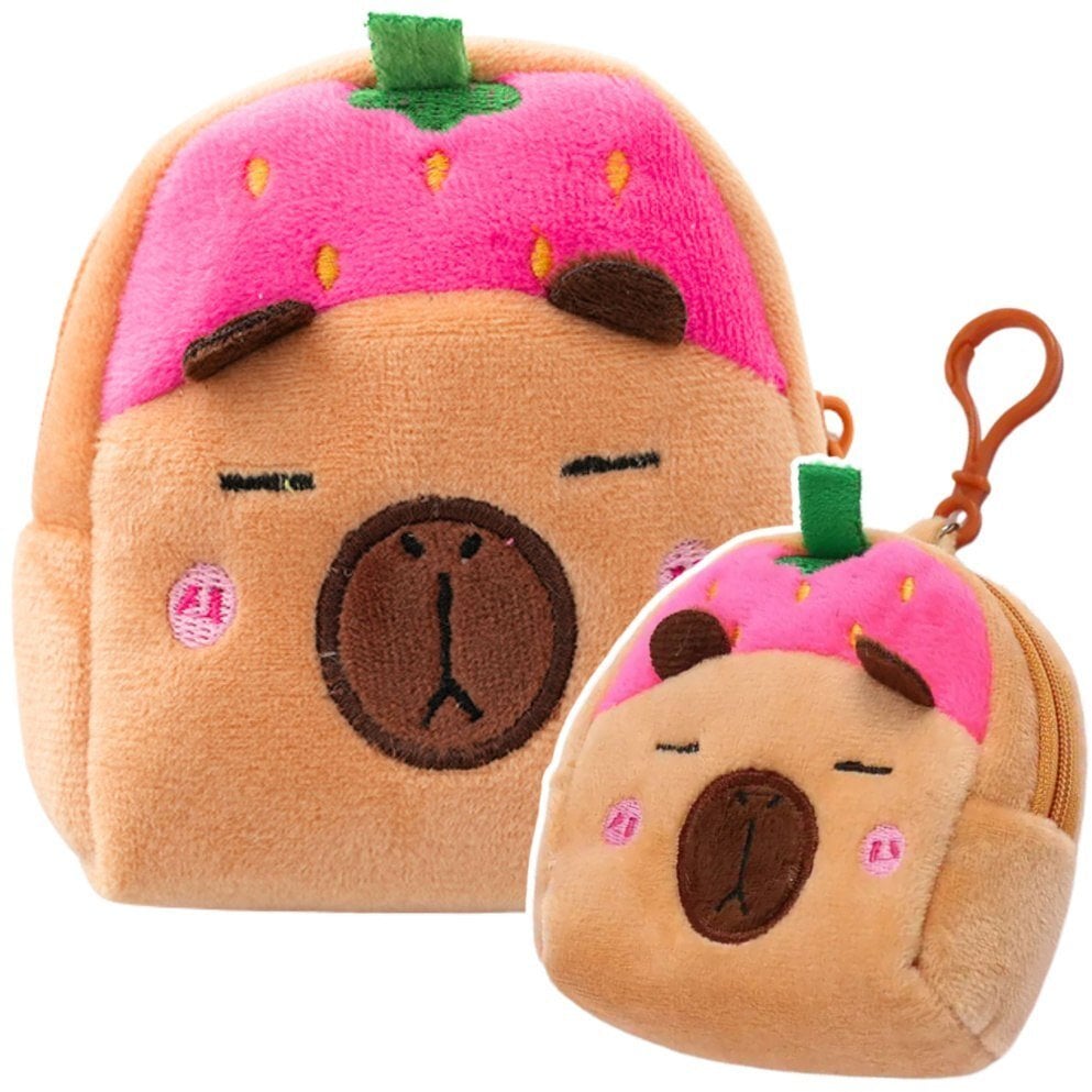 Portfelik Pluszowy Z Brelokiem Kapibara Truskawka Różowa 9,5 x 8 cm