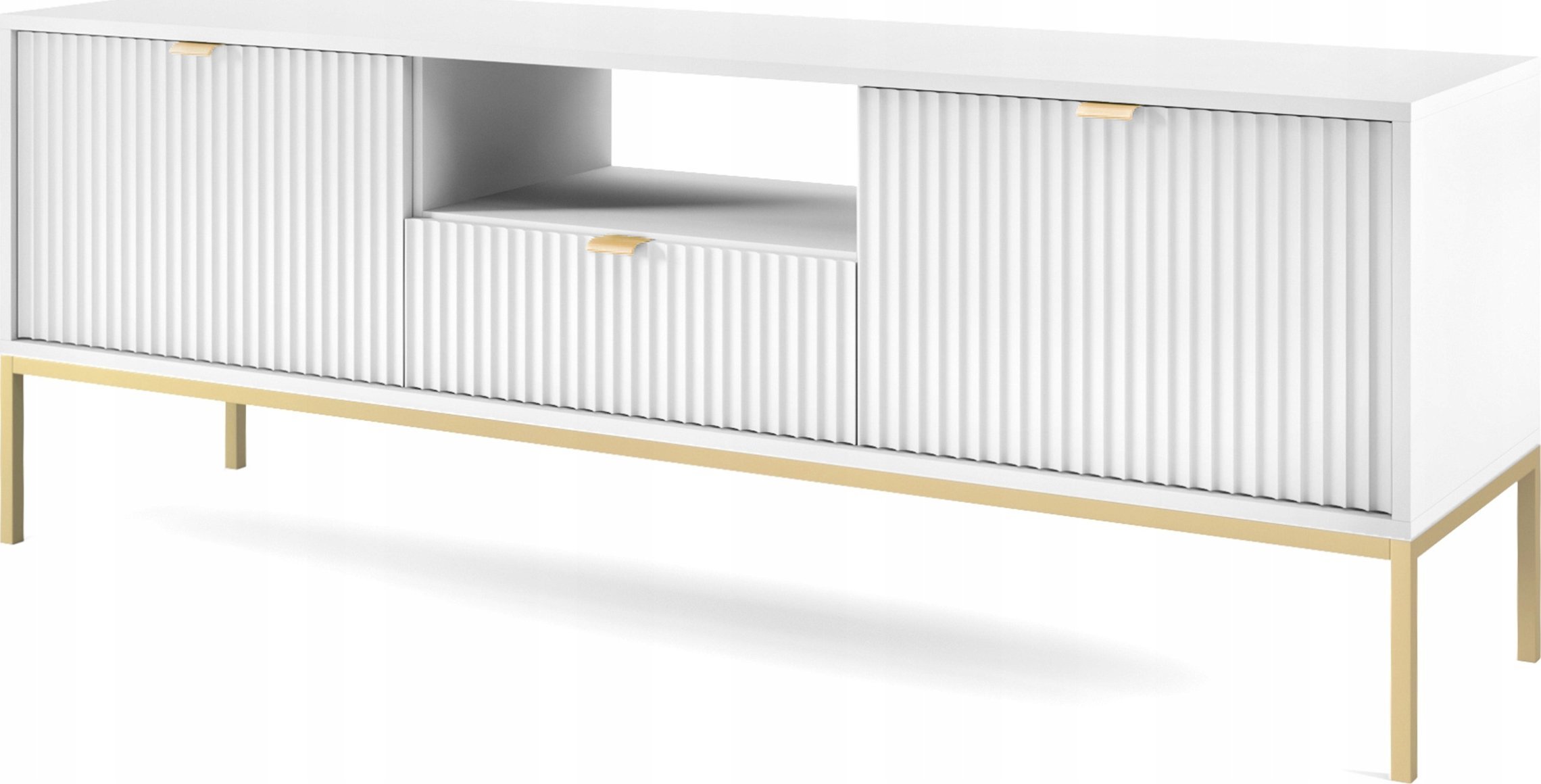 Selsey Szafka RTV Vellore 154 cm biała z ryflowanymi frontami i złotym stelażem