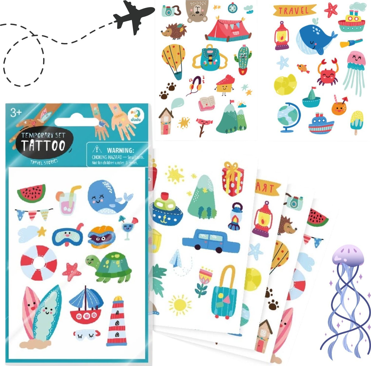 Dodo ZESTAW TYMCZASOWYCH TATUAŻY "PODRÓŻE" 4 ARKUSZE Z KOLOROWYMI TATUAŻAMI