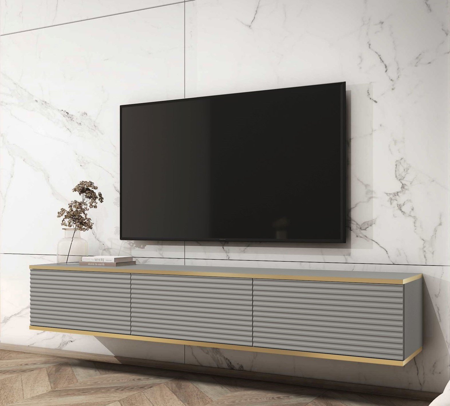 Meble Lindner Nowoczesna Szafka RTV Szary Mat Ryflowane fronty Komoda RTV 175 cm