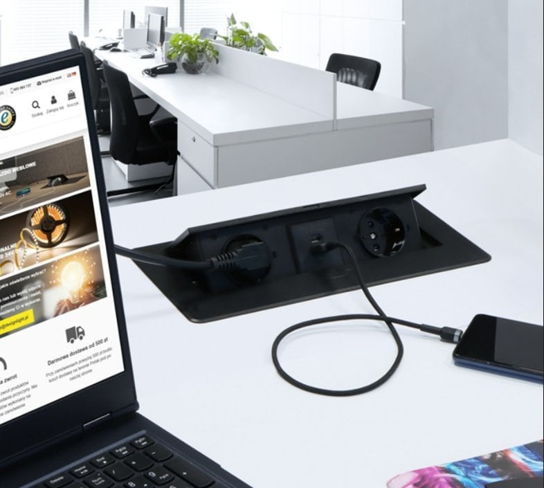 Ilgiklis montuojamas balde KOMBI BOX, 2x Schuko, 1xUSB, 1x USB-C, su 3m ilgio laidu, juodas