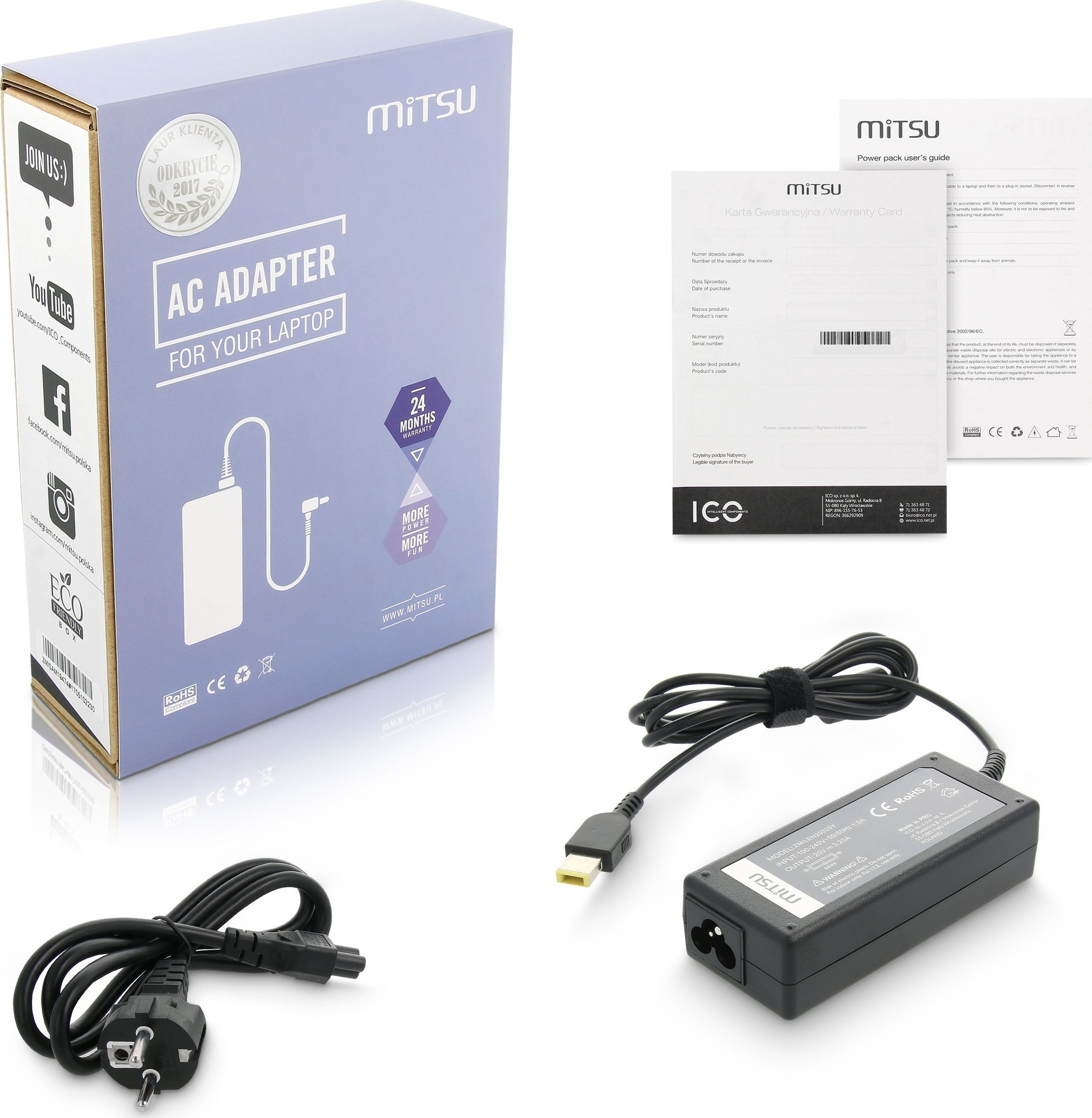 Zasilacz do laptopa Mitsu Ładowarka do Lenovo 20v 3.25a 65W 11.0x4.5mm Yoga