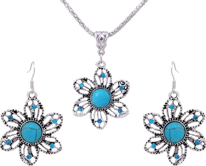 Lovrin KOMPLET BIŻUTERII KWIATY Z TURKUSOWYM KAMIENIEM