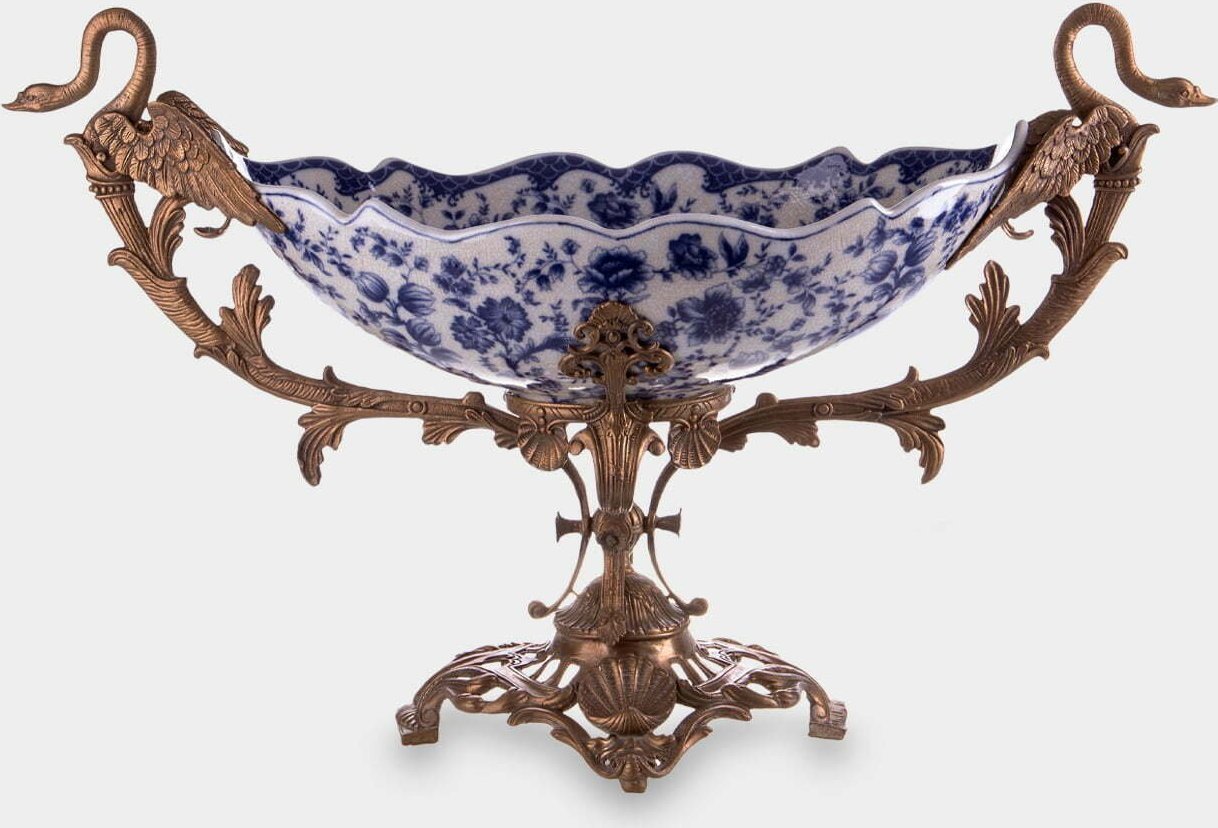 rzezbyzbrazu Porcelanowa Misa okuta Brązem z Łabędziami Błękitne Kwiaty