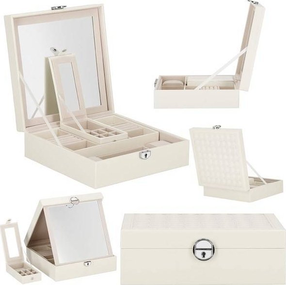 Springos Szkatułka na biżuterię ekoskóra 25x25x8,5 cm kremowy organizer z przegródkami UNIWERSALNY