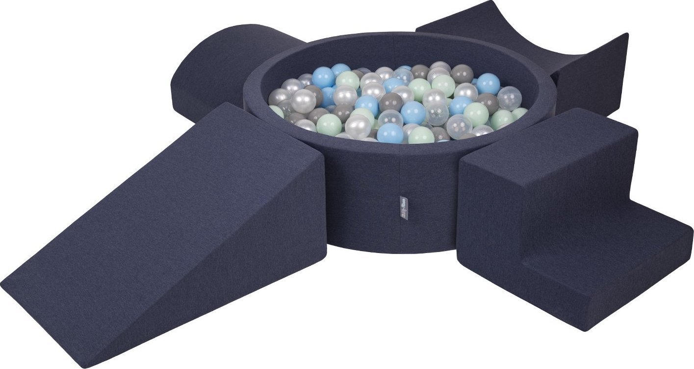 KiddyMoon KiddyMoon Piankowy plac zabaw PPZP-OK30D-115 z piłeczkami granatowy: perła-szary-transparent-babyblue-mięta basen 200/klin L/rampa L/półwałe