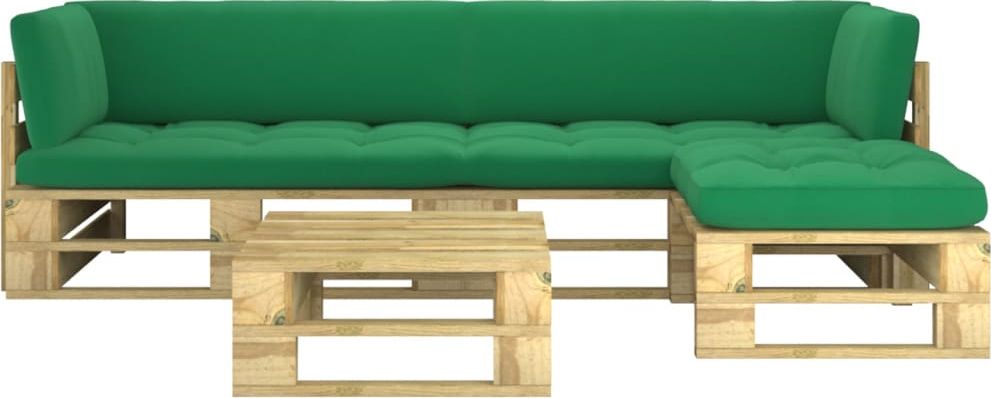 vidaXL 4-częściowy zestaw wypoczynkowy z palet z zielonymi poduszkami sosna