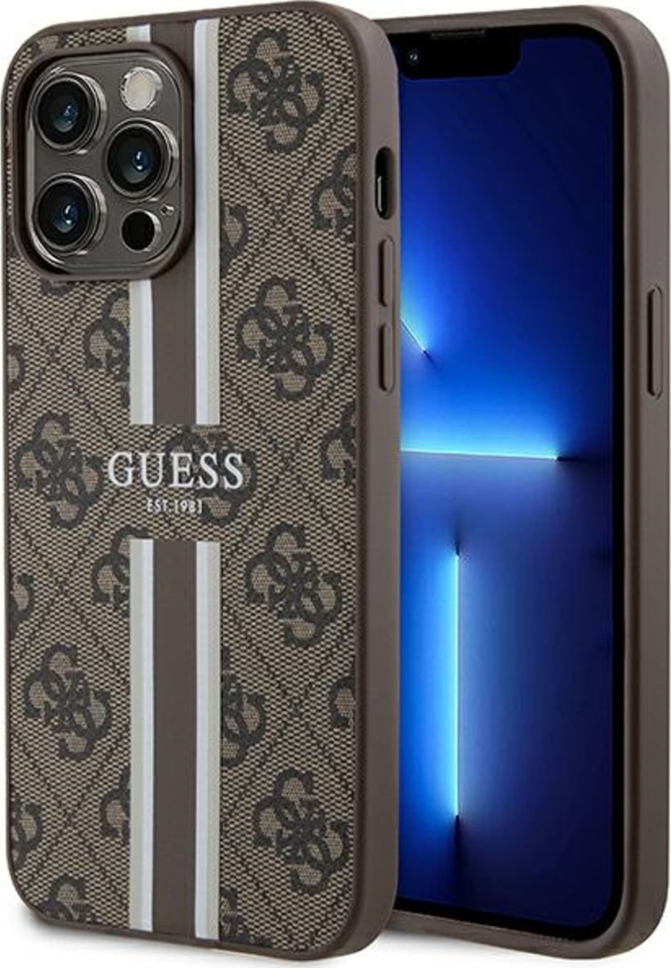 Guess GUHMP15XP4RPSW iPhone 15 Pro Max 6.7" brązowy hardcase 4G Printed Stripes MagSafe