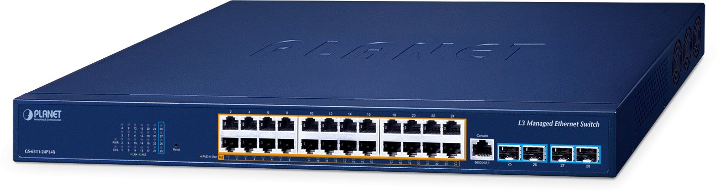 PLANET Layer 3 24-Port 10/100/1000T Zarządzany L3 Gigabit Ethernet (10/100/1000) Obsługa PoE Niebieski