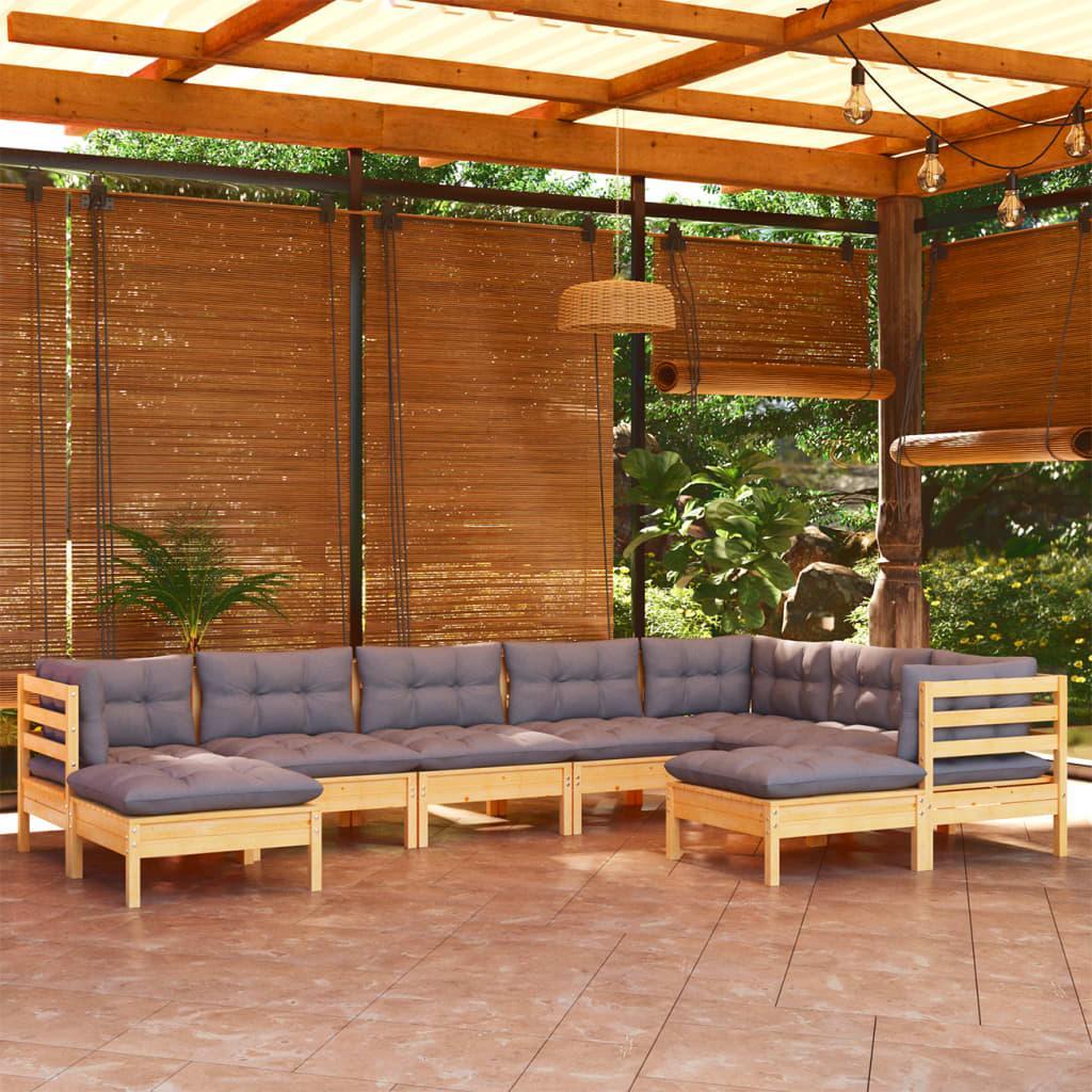 vidaXL vidaXL 9-cz. zestaw wypoczynkowy do ogrodu, szare poduszki, sosna