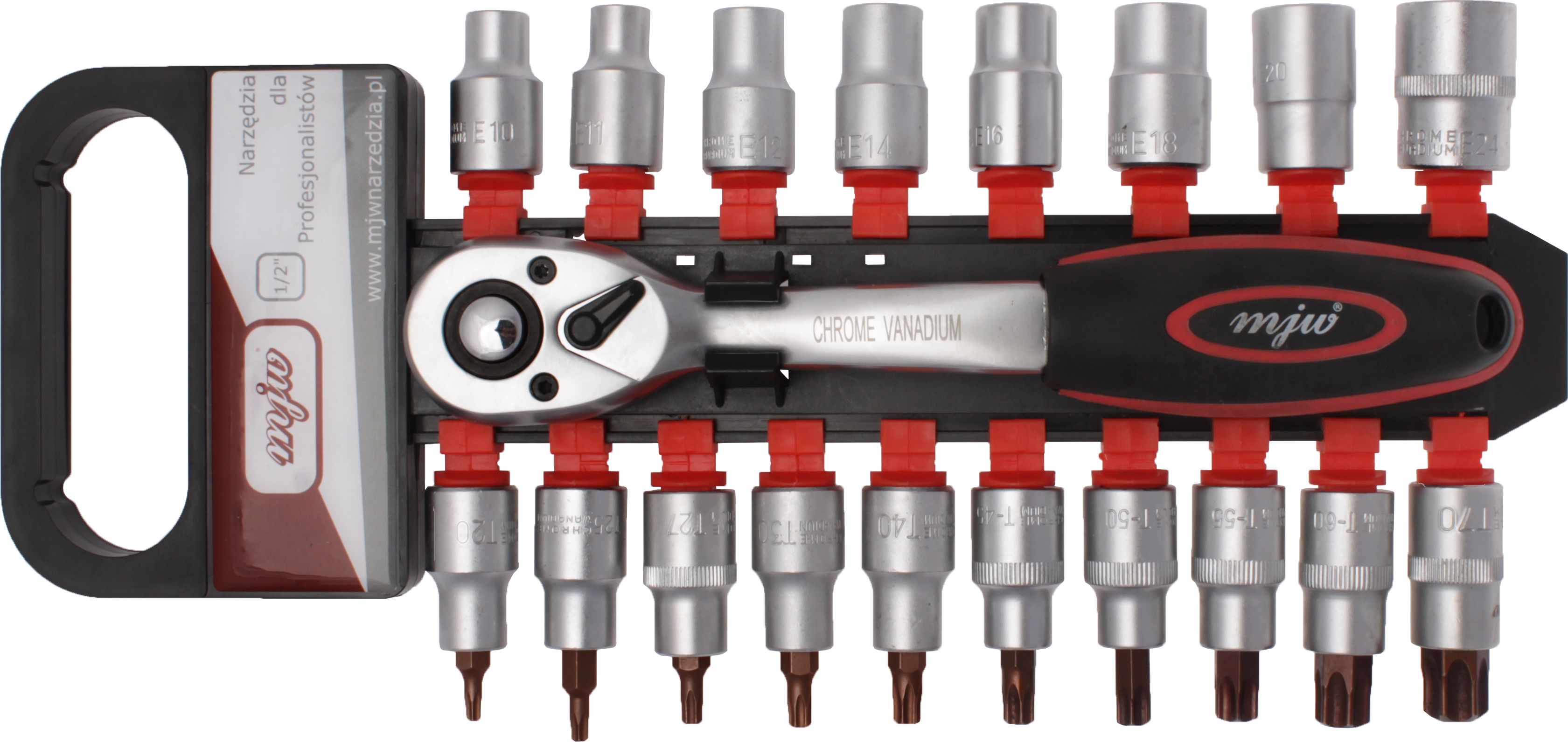 Zestaw narzędzi MJW z nasadkami trzpieniowymi Torx i nasadkami Torx 1/2" 19 el.