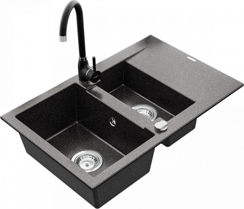Zlewozmywak Mexen Gaspar granitowy 1,5-komorowy z ociekaczem i baterią kuchenną Telma, czarny nakrapiany - 6507-76-670200-76