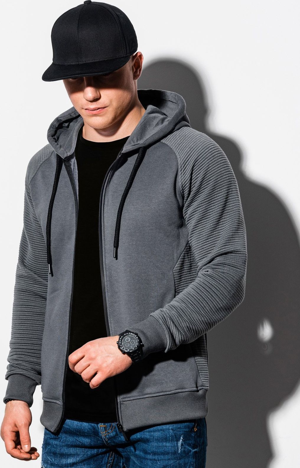 Ombre Bluza męska rozpinana z kapturem B1083 - ciemnoszara XL