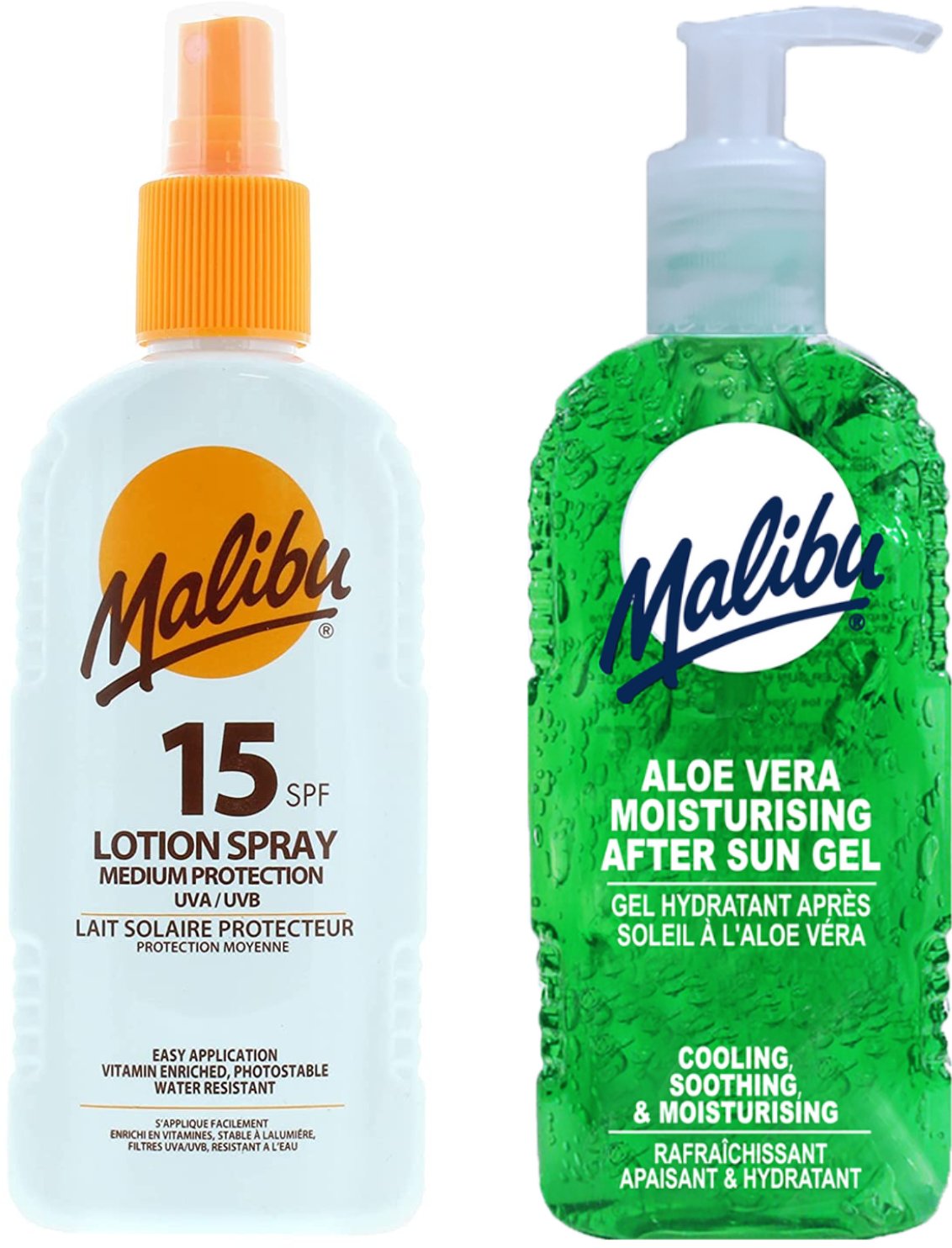 Malibu SPF15 Wodoodporny Spray 200ml + Aloe Żel Po Opalaniu 200ml