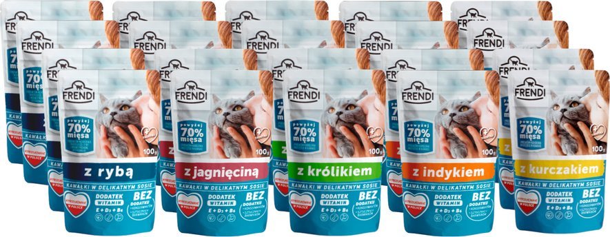 Frendi Frendi kawałki w delikatnym sosie z kurczakiem dla kota 20x100g 5 smaków