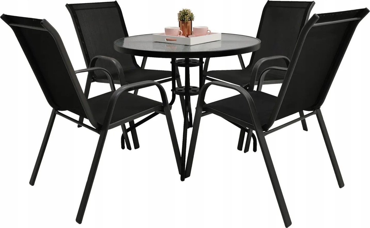 Zestaw ogrodowy kawowy na taras MAJORKA dla 4 osób stół fi90 i krzesła czarny