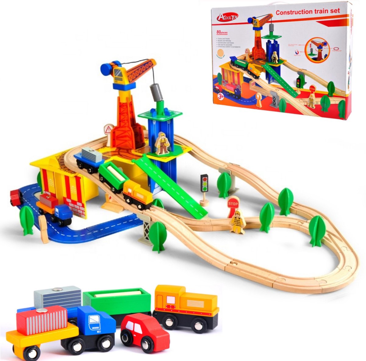 KOLEJKA DREWNIANA z dźwigiem 80el. pociąg auta TOR