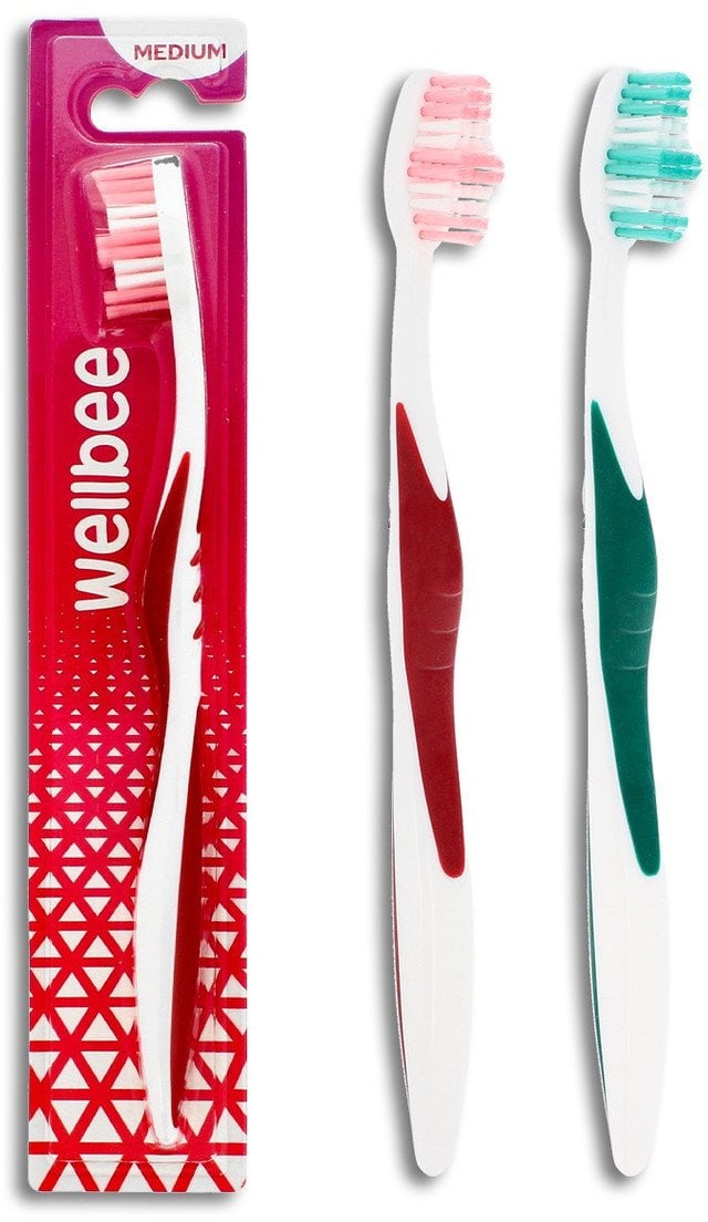 WELLBEE Szczoteczka do zębów dla dorosłych o średniej twardości (blister 2) - mix kolorów 1szt