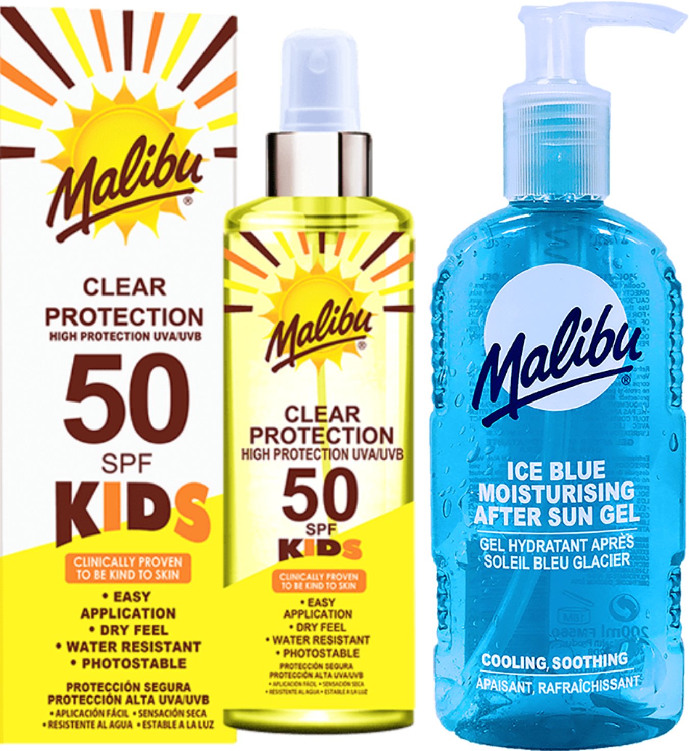 Malibu Bezbarwny Spray Dla Dzieci SPF50 250ml + Żel Po Opalaniu 200ml