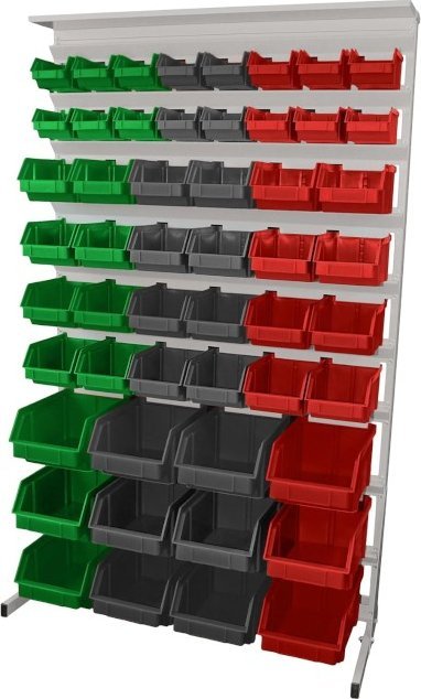 Leomar Regał do pojemników warsztatowych, jednostronny. Wym. 1560x940x400 mm z półką 52 pojemniki, zielone, szare, czerwone