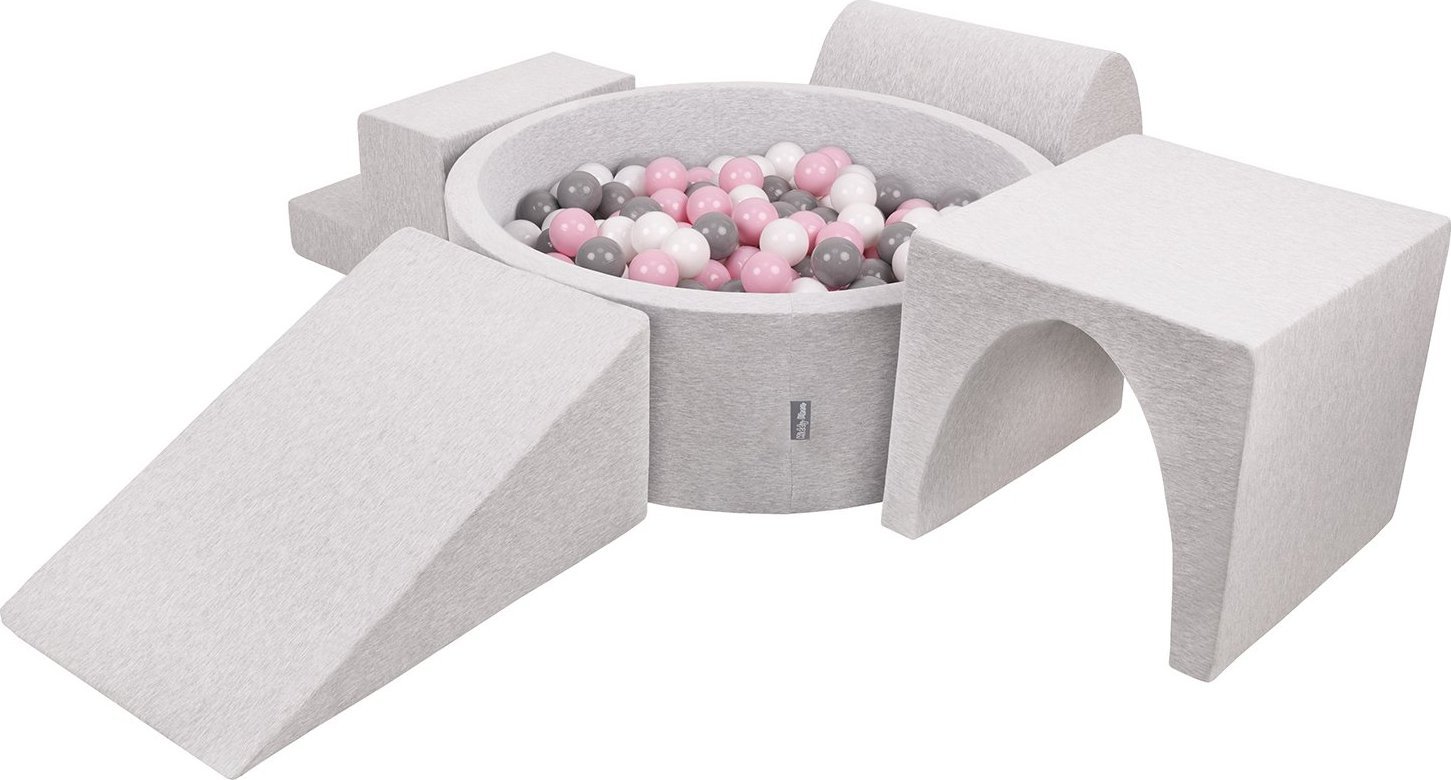 KiddyMoon Piankowy plac zabaw PPZP-OK30D-125 z piłeczkami jasnoszary: biały-szary-pudrowy róż basen 200/klin L/górka/tunel/schodek Zabawka plac zabaw