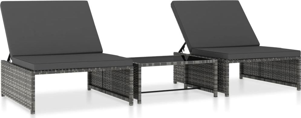 vidaXL leżaki 2 sztuki, ze stolikiem, polirattanowe, szare (47401)