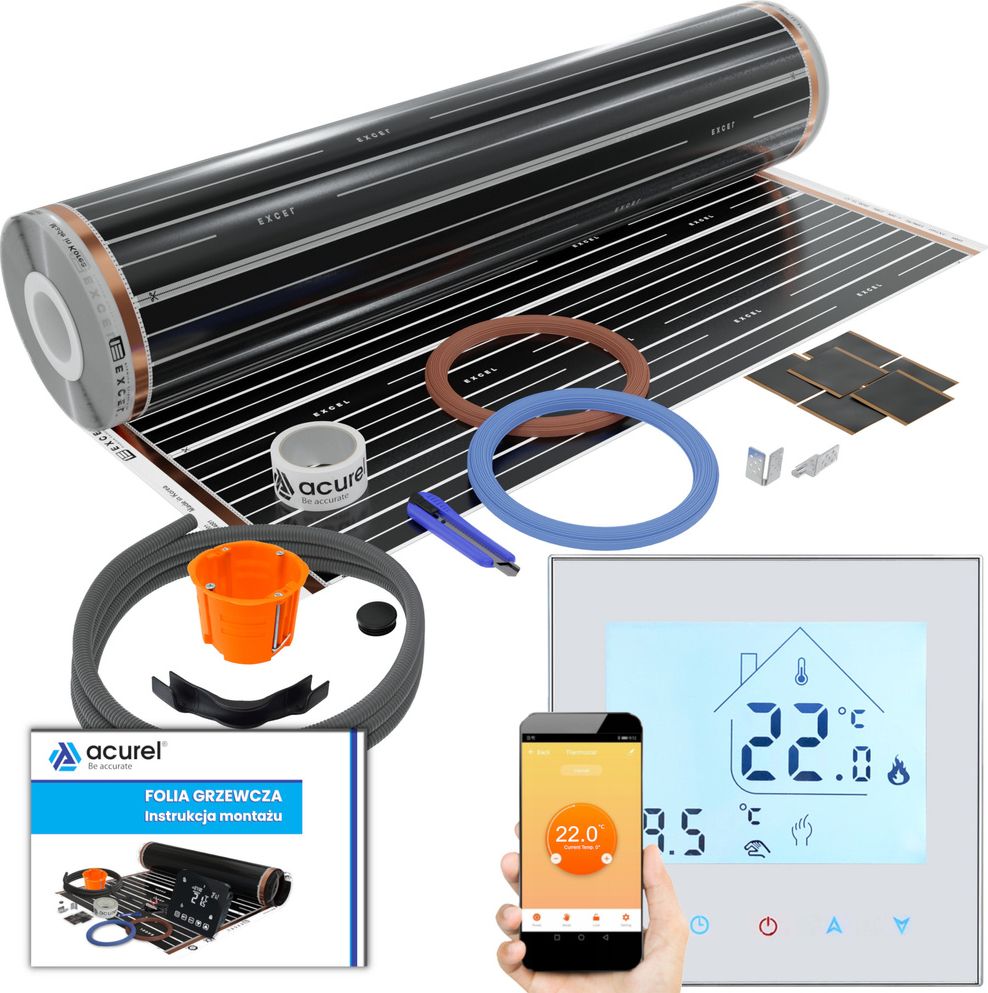 Acurel Termostat WiFi do ogrzewania elektrycznego + folia grzewcza 6m2 + akcesoria montażowe