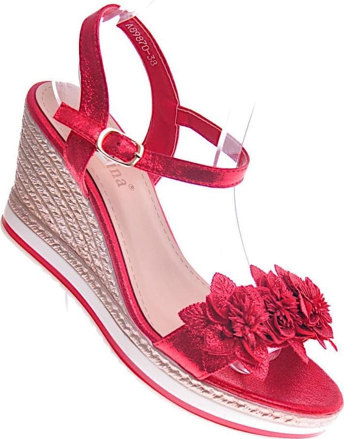 Pantofelek24 Sandały damskie na koturnie Czerwone /G4-3 11766 T230/ 38