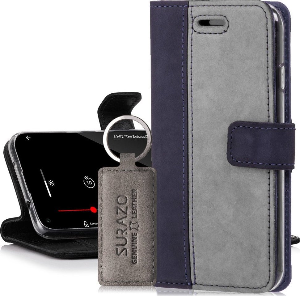 Surazo Skórzane etui na telefon Wallet case Duo - Nubuk Granatowy i Szary Google Pixel 4