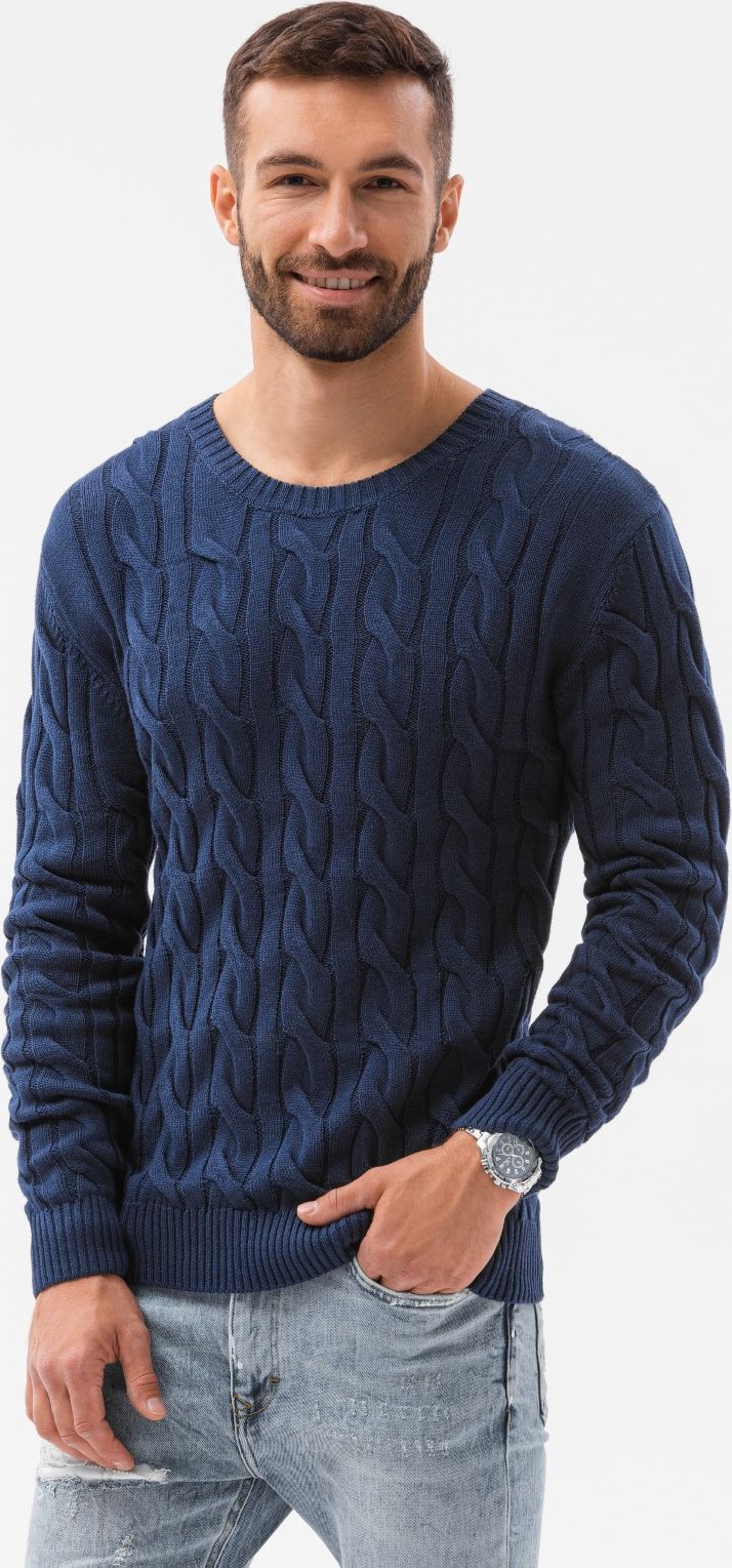 Ombre Sweter męski E195 - ciemnoniebieski L