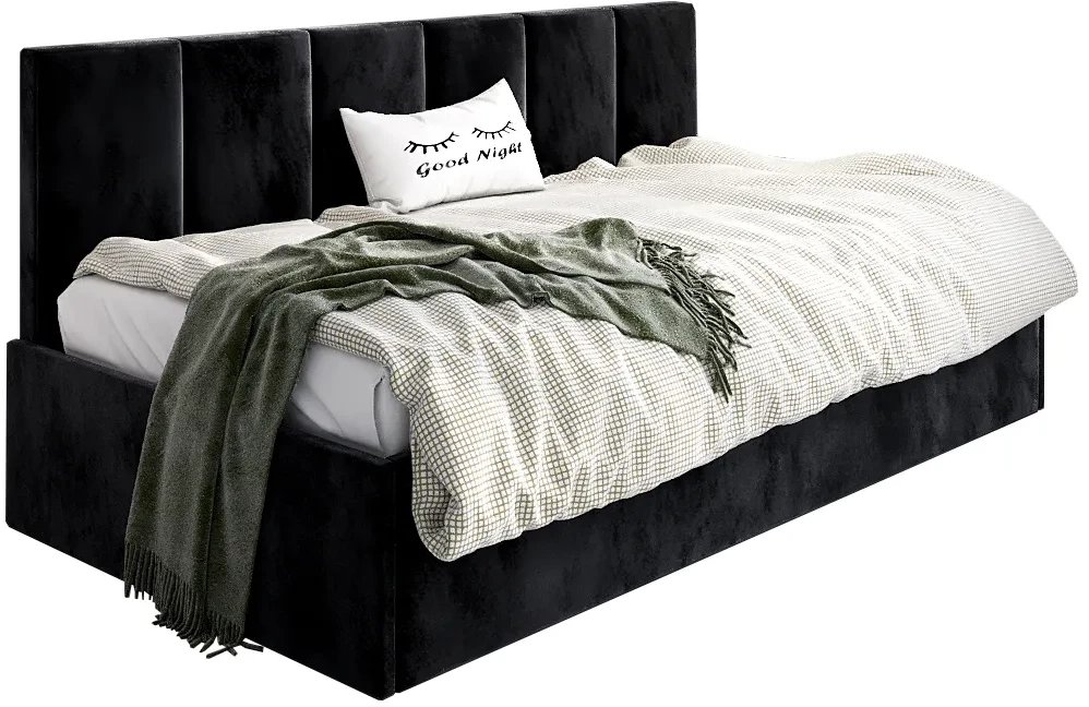 Łóżko młodzieżowe SORA 90x200 czarne z tapicerowanym panelem i pojemnikiem na pościel MKPOL