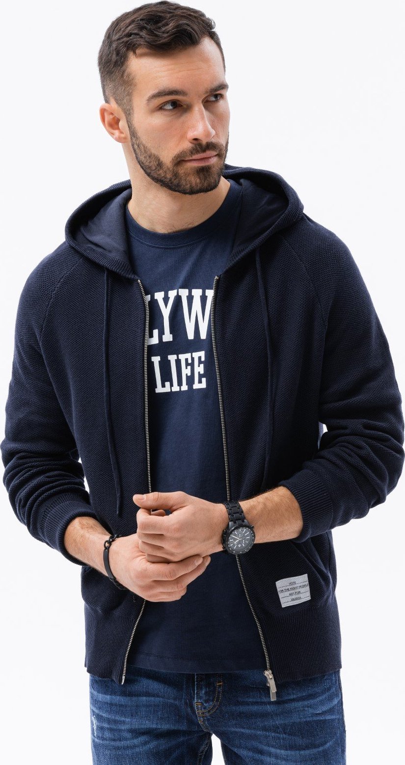 Ombre Sweter męski rozpinany na suwak z kapturem - granatowy E186 XXL