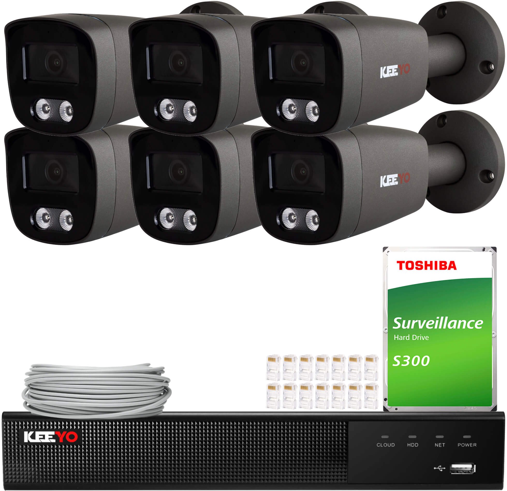 Zestaw do monitoringu IP KEEYO 6x LV-V-IP5M25TF-G-II 5Mpx, IR 25m, Audio, AI, Sony Starvis