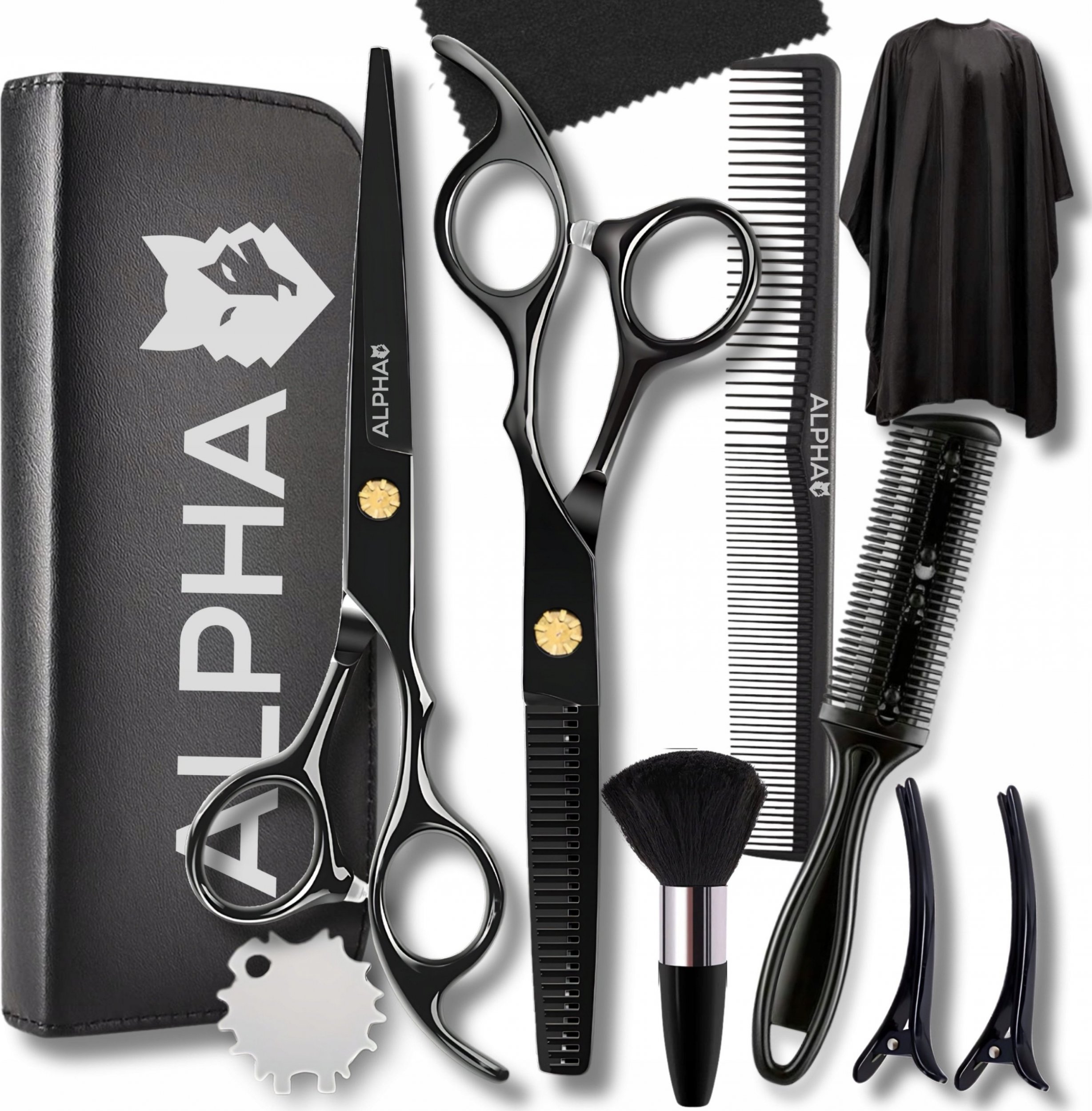 Alpha ZESTAW FRYZJERSKI XXL PROFESJONALNE NOŻYCZKI DEGAŻÓWKI PELERYNA ALPHA CZARNY
