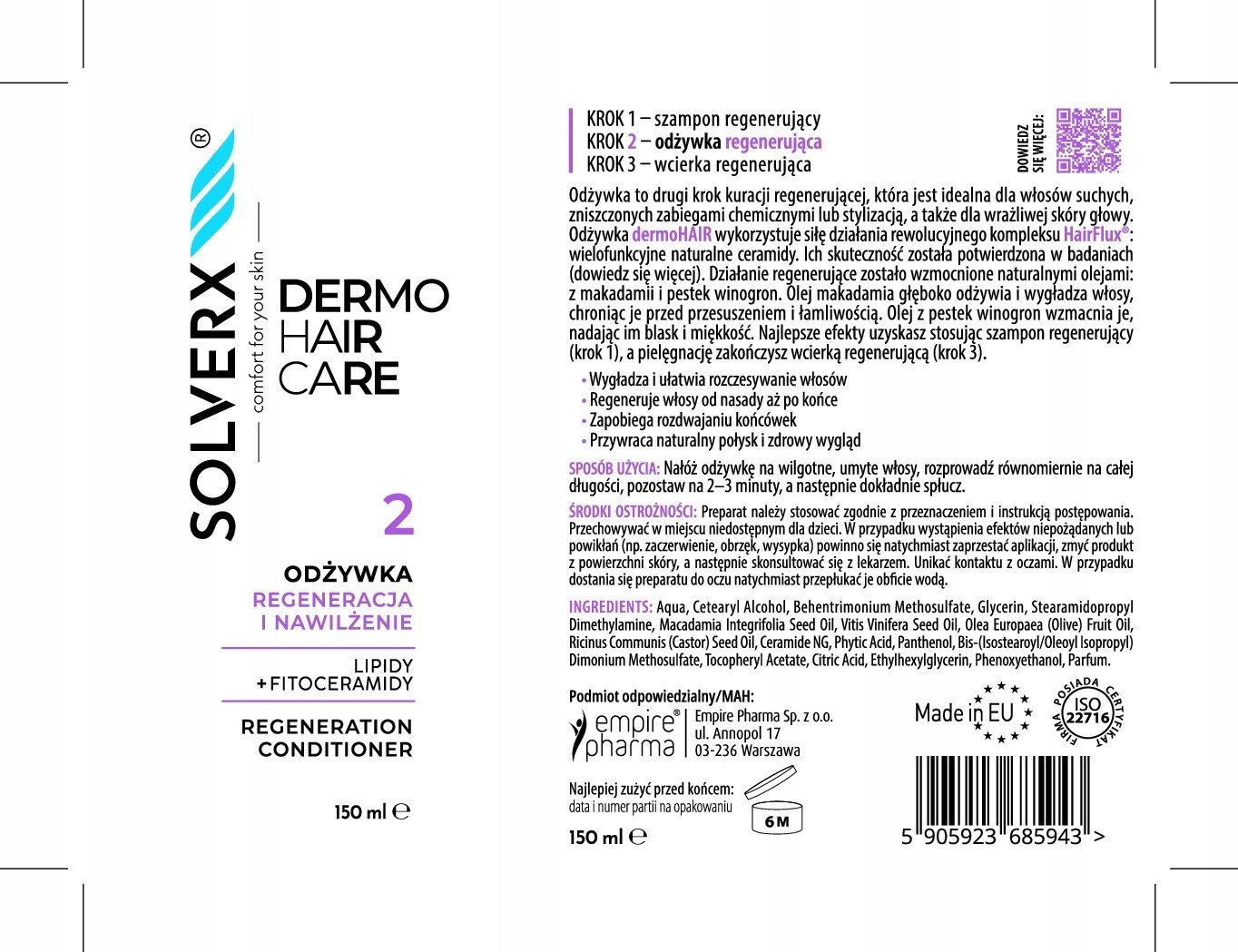 SOLVERX Dermo Hair Odżywka do włosów Regeneracja i nawilżenie 150 ml