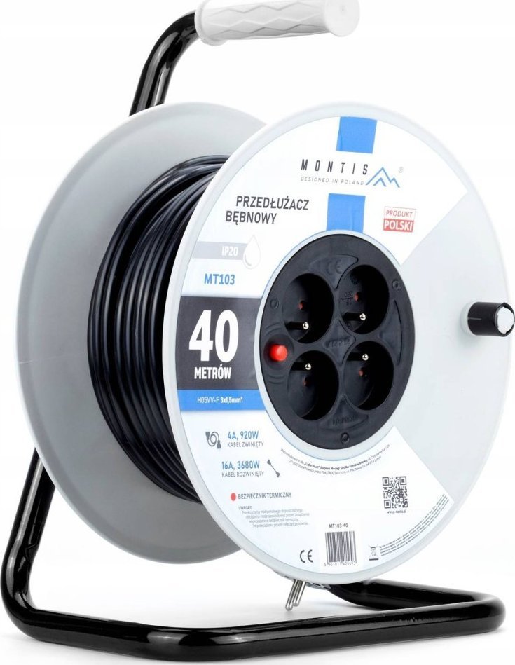Montis Przedłużacz bębnowy MT103-40 4x2p+Z IP20 16A 3x1,5 40m Montis czarny