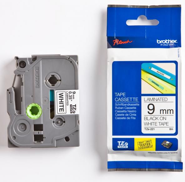 Brother Taśma do drukarek etykiet czarny druk / biały podkład laminowane 9mm x 8m (TZE221)