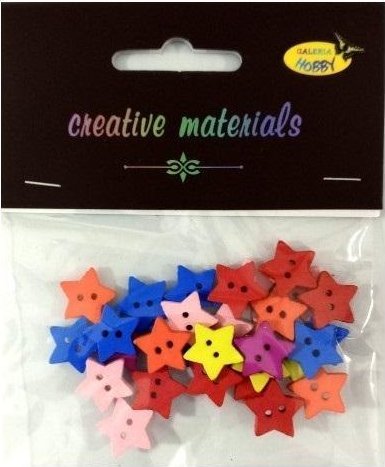 Guziki drewniane kolorowe gwiazdki 15mm 6g ok 30sz