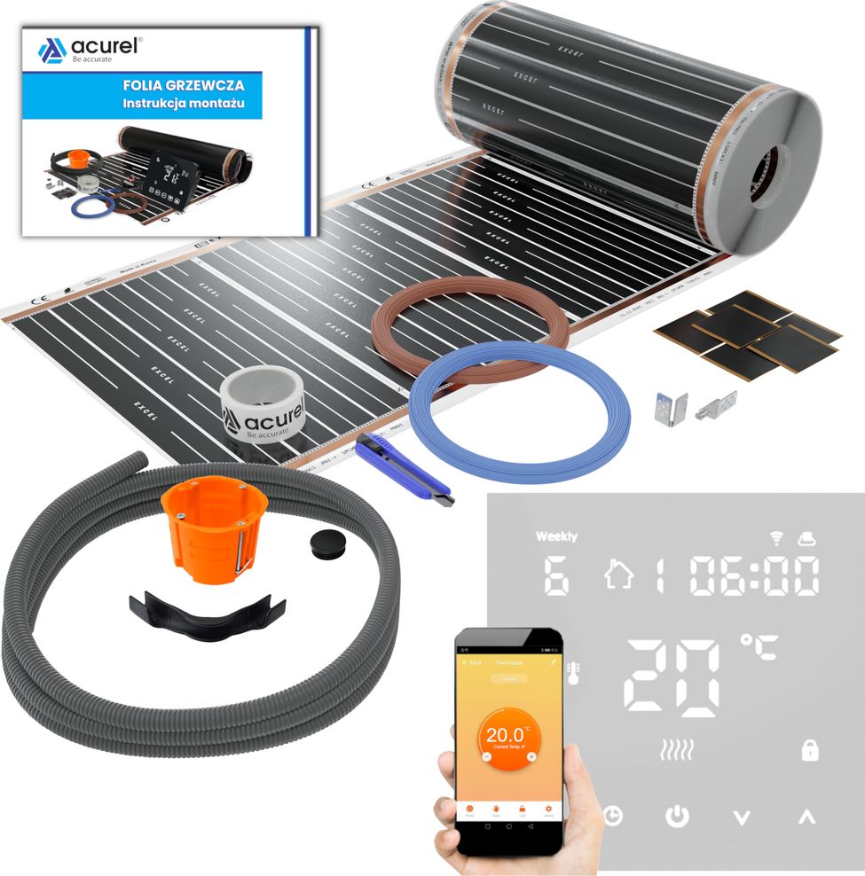 Acurel Termostat WiFi do ogrzewania elektrycznego + folia grzewcza 13m2 80W/m2 + akcesoria montażowe
