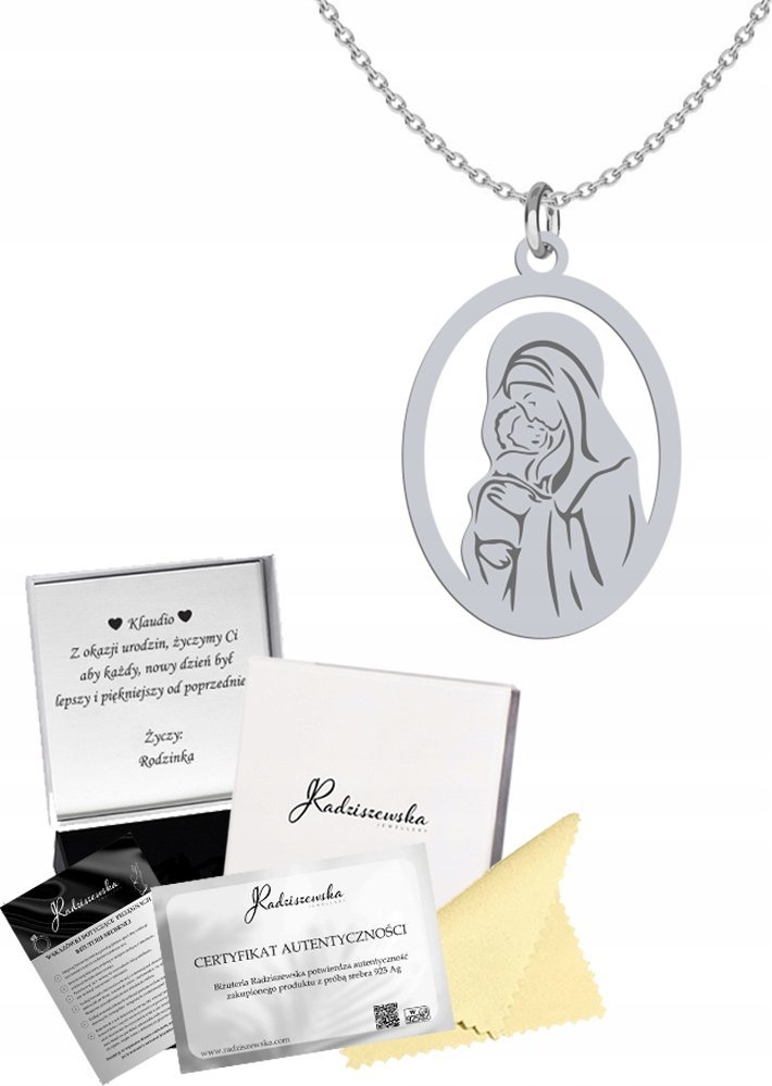 Radziszewska Jewellery Srebrny Łańcuszek z Medalikiem Matka Boska 925 Prezent GRAWER GRATIS