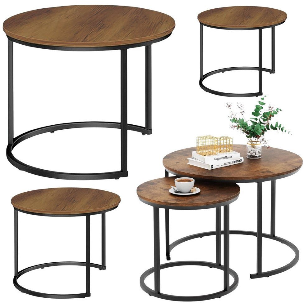 Zestaw Okrągłe Stoliki Kawowe 3w1 Vintage Naturalne Drewno 51cm 40cm 30cm