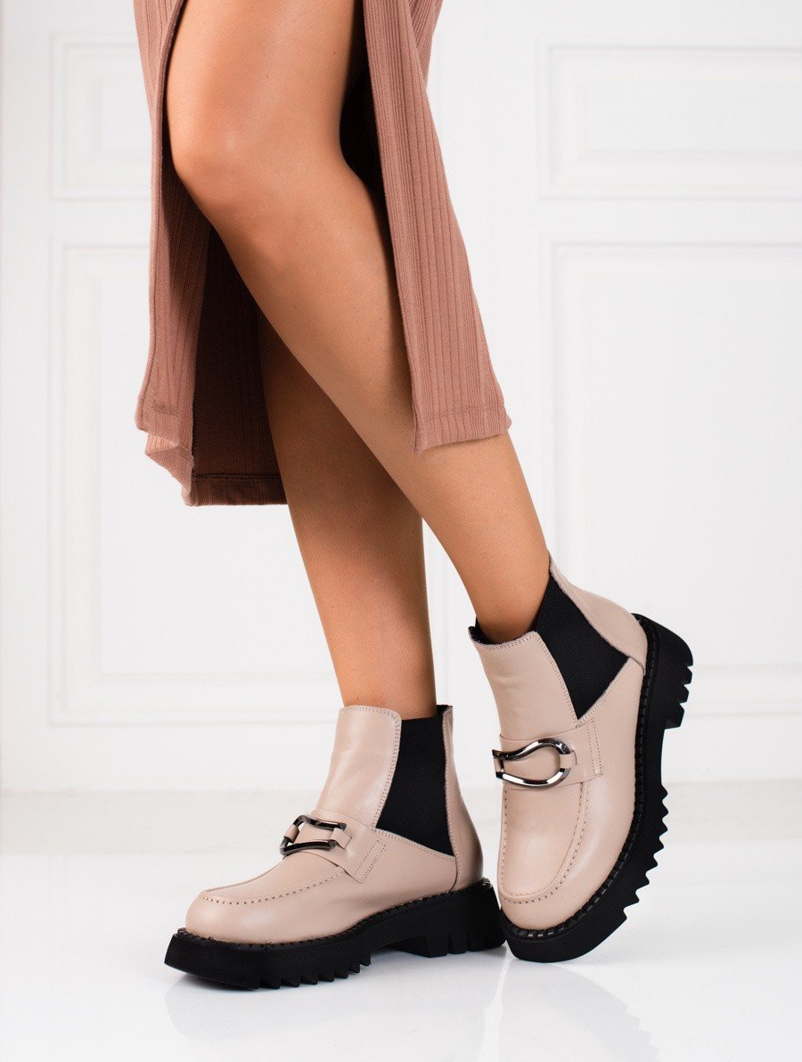 Shelovet Skórzane botki damskie na platformie Shelovet beżowe : Rozmiar - 39